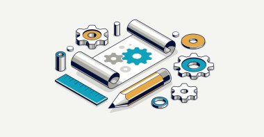 Makine mühendisliği proje konsepti, motor taslağı çizimi, teknik şema planı, dişli kağıt tabaka ve 3D izometrik vektör çizimi, onarım dersleri.