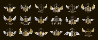 Vintage şatolar vektör logoları veya amblemler, Heraldik tasarım elementleri büyük set, klasik habercilik mimari sembolleri, antik kaleler ve kaleler.