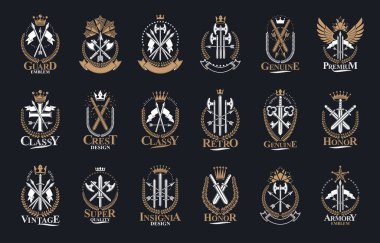 Klasik silah vektör logoları veya amblemleri, Heraldik tasarım elementleri büyük set, klasik askeri savaş cephaneliği sembolleri, antika bıçaklar..