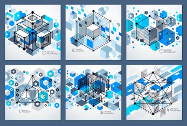 Soyut geometrik vektör mavi arka plan küpleri ve diğer öğeleri ile ayarla. Küpleri, altıgenler, kareler, dikdörtgenler ve soyut öğeler bileşimi. Tasarım projeleri için mükemmel arka plan.