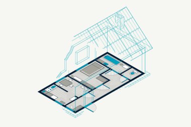 Kalemle ev planı çizimi, konut binası planı, 3D izometrik vektör çizimi, çatısı olan iç tasarım projesi, aile evi manzarası.