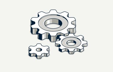 Takım çalışması konsepti, dişliler ve dişliler bileşimi izometrik 3D vektör çizimi, iş birliği metaforu, mekanik motor.