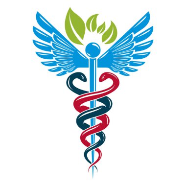 Caduceus sembolü zehirli yılan ve kuş kanatları, sağlık kavramsal vektör çizim ile oluşur. Alternatif Tıp Tema.