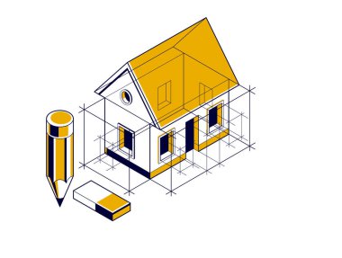 Ev projesi konsepti, küçük bir ev inşaatı projesinin 3 boyutlu izometrik vektör çizimi, mimari model, küçük aile evi..