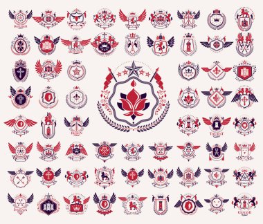 Heraldic Coat of Arms vektör seti, antika heraldik rozetler ve ödüller koleksiyonu, klasik tarz tasarım unsurları, aile veya iş logoları sembolleri.