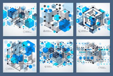 Soyut vektör geometrik izometrik mavi arka planlar set. Mekanik düzeni, vektör çizim küp ve geometrik mekanizma parçaları ile mühendislik.