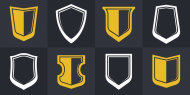 Klasik kalkan vektör seti, cephane amblemi koleksiyonu, savunma ve güvenlik simgeleri, boş ve boş tasarım ögeleri.