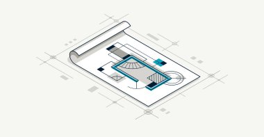 Mühendislik projesi konsepti, kağıt dökümanı tasarım mühendisi çalışma vektörü 3D izometrik illüstrasyon, soyut taslak çizim, kaba teknik plan.