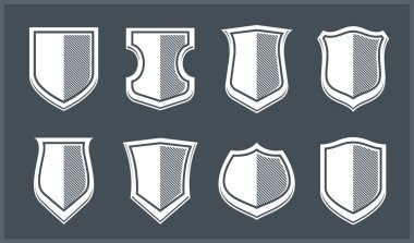 Klasik kalkan koleksiyonu vektör tasarım elementleri, savunma ve güvenlik simgeleri, boş ve boş cephane amblemi koleksiyonu.