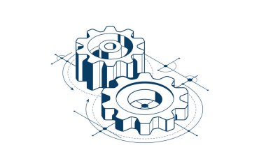 İcat yenileme ve geliştirme konsepti, kaba mühendislik çizimi olan dişliler ve dişliler izometrik üç boyutlu vektör çizimi, teknoloji teması, makine ve motor oluşturma.