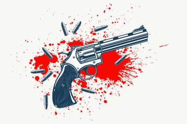 Detaylı tabanca tüfeği ve kan sıçrama vektör çizimi bir dedektif suç hikayesi, güzel silah çizimi, film posteri veya kitap kapağı.