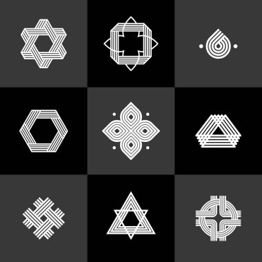 Logo oluşturma için grafik tasarım ögeleri, iç içe geçmiş çizgiler vintage biçim simgeleri koleksiyonu, soyut geometrik doğrusal semboller vektör kümesi.