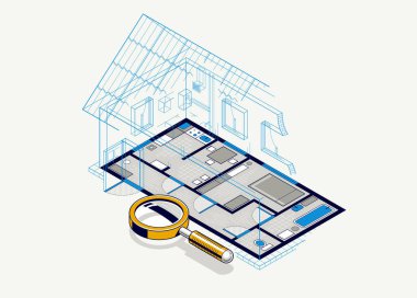 Kalemle ev planı çizimi, pansiyonun ev planı, 3D izometrik vektör çizimi, çatısı olan iç tasarım projesi, yazlık villa.