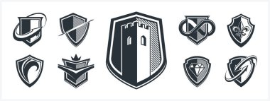 Farklı elementler vektör sembolleri, savunma ve güvenlik simgeleri, cephane amblemi koleksiyonu içeren klasik kalkan şekilleri.