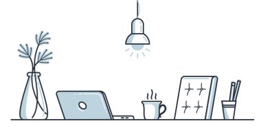 Çalışma masası masa başı düz illüstrasyon beyaz üzerine izole edilmiş, evde rahat çalışma alanı kavramından çalışma, boş sandalye boş iş kavramı yok.