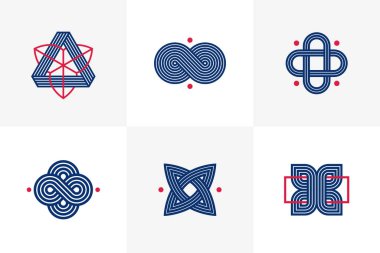 Abstract geometric linear symbols vector set, graphic design elements for logo creation, intertwined lines vintage style icons collection.