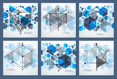 Şablon için broşürler kümesi, el ilanı, afiş, reklam, kapak, 3d mavi tasarım düzen vektör modern arka plan. Küpleri, altıgenler, kareler, dikdörtgenler ve diğer öğeleri bileşimi.