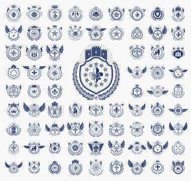Klasik Heraldik amblem vektör seti, antika herallik sembolik rozetler ve ödüller koleksiyonu, klasik tarz tasarım unsurları, aile amblemleri.