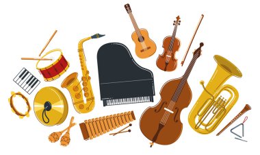 Klasik müzik aletleri kompozisyon vektör düz çizim beyaz, klasik orkestra akustik ses, konser veya festival, müzik aletlerinin çeşitliliği izole.
