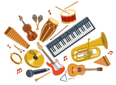 Müzik orkestrası çeşitli enstrümanlar vektör düz illüstrasyon beyaz zemin, canlı müzik konseri veya festival, müzik grubu veya orkestra çalıyor ve şarkı söylüyor.