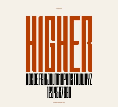 Geometrik yoğunlaştırılmış serif yazı karakteri, vektör uzun ve devasa boyutta basit yazı tipi, poster ve reklam harfleri ve logo başlıkları veya sloganlar için rakamlar alfabesi.