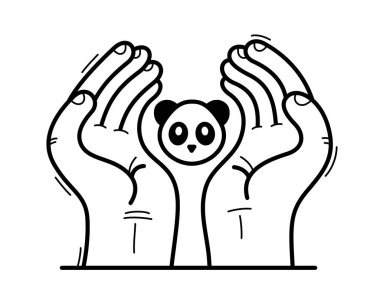 Two hands with panda bear protecting and showing care vector flat style illustration isolated on white, cherish and defense for wild animals concept, wildlife species protection. clipart