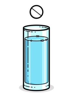 Beyaz, tıbbi logo veya simgeye izole edilmiş su vektörü illüstrasyonunun camına düşen fısfıs hapı.