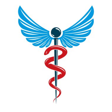 Caduceus sembolü kuş kanatları ve zehirli yılanlar kullanılarak yapıldı, sağlık hizmeti kavramsal vektör çizimi.