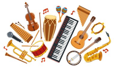 Müzik orkestrası çeşitli enstrümanlar vektör düz illüstrasyon beyaz zemin, canlı müzik konseri veya festival, müzik grubu veya orkestra çalıyor ve şarkı söylüyor.