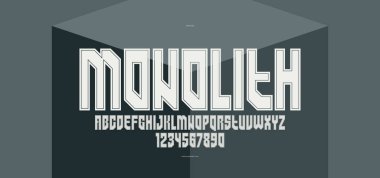 Logolar ve amblemler için geometrik kalın ve güçlü vektör yazı tipi, posterler ve reklamlar için ağır harfler, büyük vahşi ve kentsel harflerle yazı karakteri.