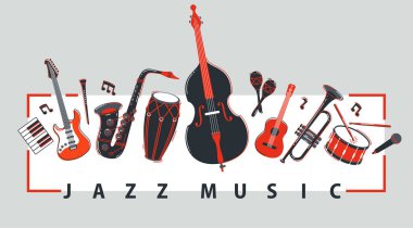 Caz müzik grubu posterleri farklı enstrümanlar vektör düz illüstrasyon, canlı müzik festivali veya konser reklam broşürü veya afiş, farklı enstrümanlar orkestrası.