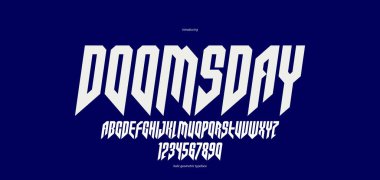 Manşetler için keskin ve cesur gotik yazı tipi, kenarlı geometrik modern vektör yazı tipi, heavy metal ve hard rock tarzı alfabe numaraları, italik versiyonu.