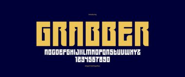 Logo başlıkları veya sloganlar, vektör kalın ve ağır geometrik yazı karakteri, sayıların, posterlerin ve reklamların yer aldığı büyük harf alfabesi için cesur sade sade serif yazı tipi.