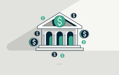 Bankacılık konsepti posteri, banka inşa vektör simgesi tasviri, e-bankacılık metaforu, klasik tarz mimari banka binası, e-banka.