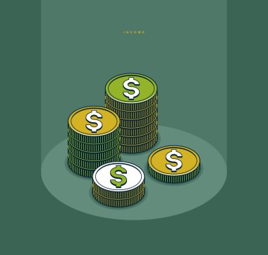 Gelir konsepti posteri, sikke yığını vektör simgesi biçim illüstrasyonu, gelir ve faiz metaforu, döviz.