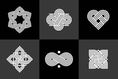 Intertwined lines vintage style icons collection, abstract geometric linear symbols vector set, graphic design elements for logo creation.