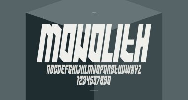 Logolar ve amblemler için geometrik kalın ve güçlü vektör yazı tipi, posterler ve reklamlar için ağır harfler, devasa vahşi ve kentsel harflerle yazı karakteri, italik sürümü.