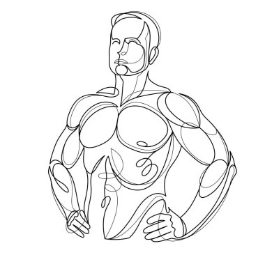Athletic man torso vector linear illustration, male beauty with perfect muscular fit body posing, artistic drawing of fitness model.