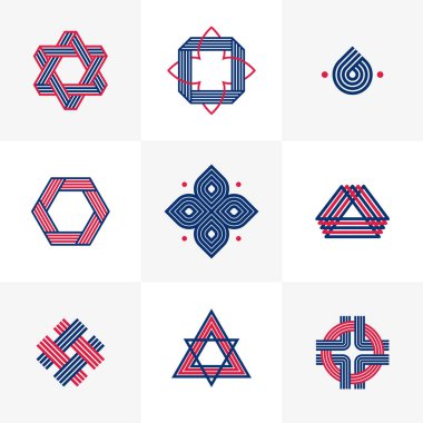 Abstract geometric linear symbols vector set, graphic design elements for logo creation, intertwined lines vintage style icons collection.