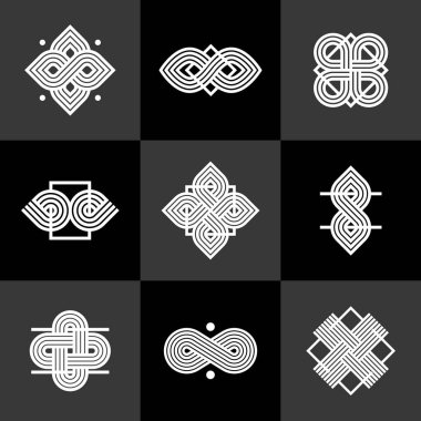 Birleştirilmiş çizgiler, vintage biçim simgeleri koleksiyonu, soyut geometrik doğrusal semboller vektör kümesi, logo oluşturma için grafik tasarım ögeleri.