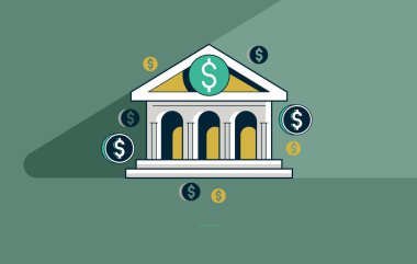 Bankacılık konsepti posteri, banka inşa vektör simgesi tasviri, e-bankacılık metaforu, klasik tarz mimari banka binası, e-banka.