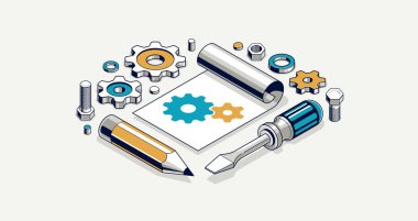 Gövde oluşturma uygulama konsepti, motor taslağı çizimi ve çalışma süreci, vitesli kağıt tabaka, araçlar ve 3B izometrik vektör çizimi.