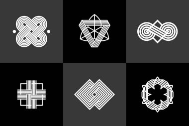 Soyut geometrik doğrusal semboller vektör seti, logo oluşturma için grafik tasarım unsurları, iç içe geçmiş çizgiler vintage biçim simgeleri koleksiyonu.