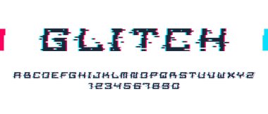 Analog tarzında gürültülü arızalı geometrik vektör yazı tipi, dijital grunge efektli fütürist siber punk yazı tipi, matris tipografi harfleri ve sayılar.