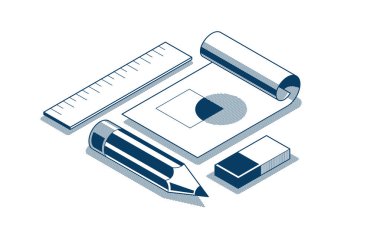 Mühendislik proje kavramı, kağıt döküman planı kalem mühendisi çalışma vektörü 3D izometrik illüstrasyon, soyut plan çizimi, kaba şema resim çizimi.