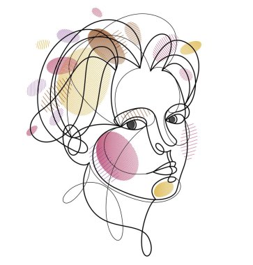 Woman beauty face vector linear illustration, delicate line art of attractive girl portrait, abstract feminine drawing minimal style isolated.