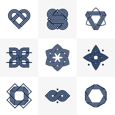 Soyut geometrik doğrusal semboller vektör seti, logo oluşturma için grafik tasarım unsurları, iç içe geçmiş çizgiler vintage biçim simgeleri koleksiyonu.