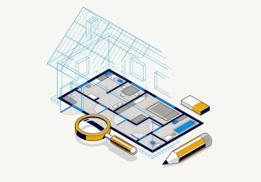 Kalemle ev planı çizimi, pansiyonun ev planı, 3D izometrik vektör çizimi, çatısı olan iç tasarım projesi, yazlık villa.