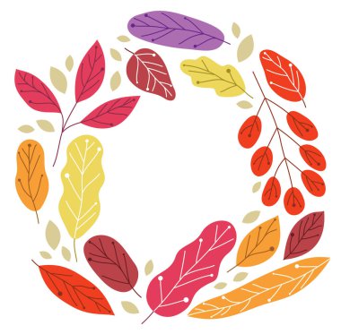 Sarı ve kırmızı sonbahar yaprakları çerçeve güzelliği doğa vektör düz illüstrasyon beyaz arka plan, sonbahar çizim bileşimi izole.