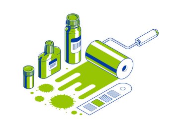 Boyama duvarları iç mekan vektörü 3D izometrik illüstrasyon, diy yenileme, konut yenileme, daire veya evin iç dekorasyonu.